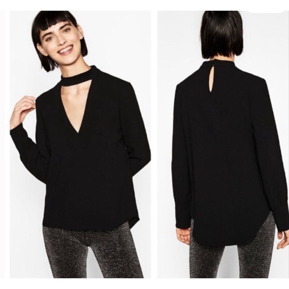 Zara Black V-Neck Long-Sleeve Top with Choker Neck